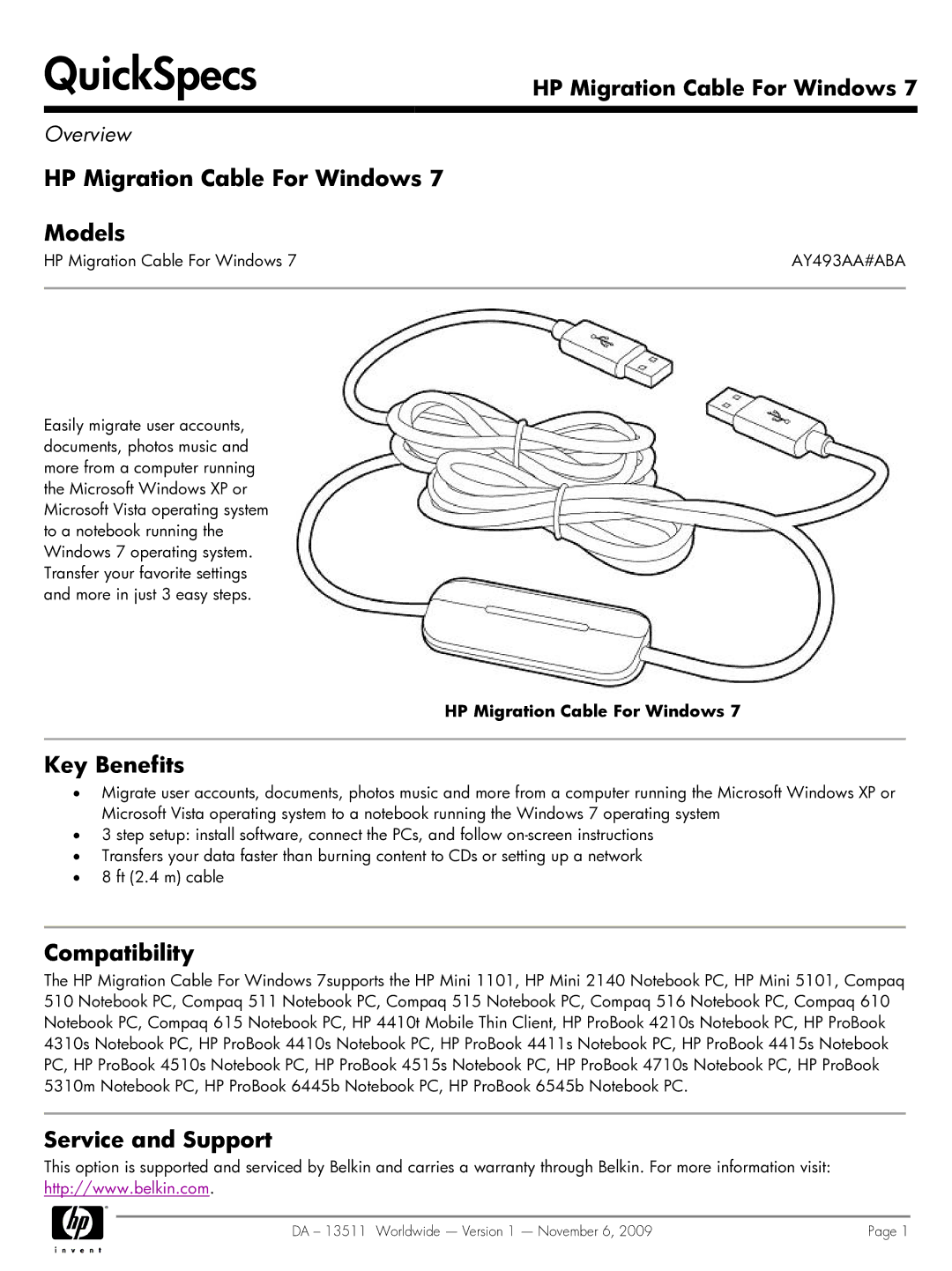 HP Migration Cable for AY493AA#ABA manual QuickSpecs, HP Migration Cable For Windows Models, Key Benefits, Compatibility 