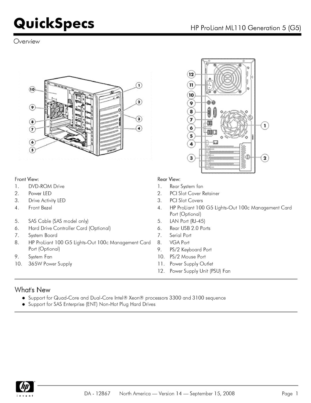 HP ML110 G5 manual Whats New, Overview, Front View Rear View 