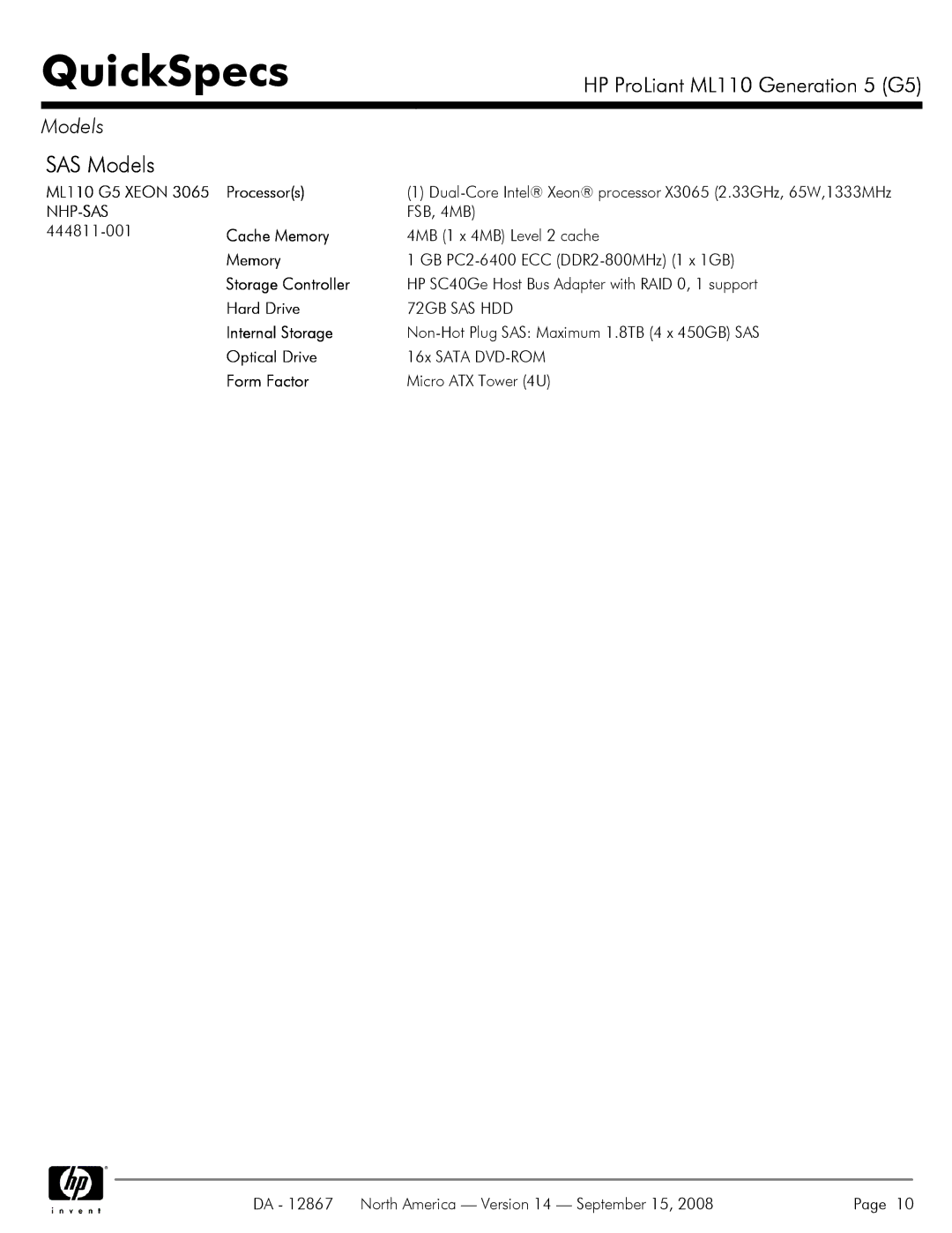 HP manual SAS Models, ML110 G5 Xeon 3065 Processors, Nhp-Sas 