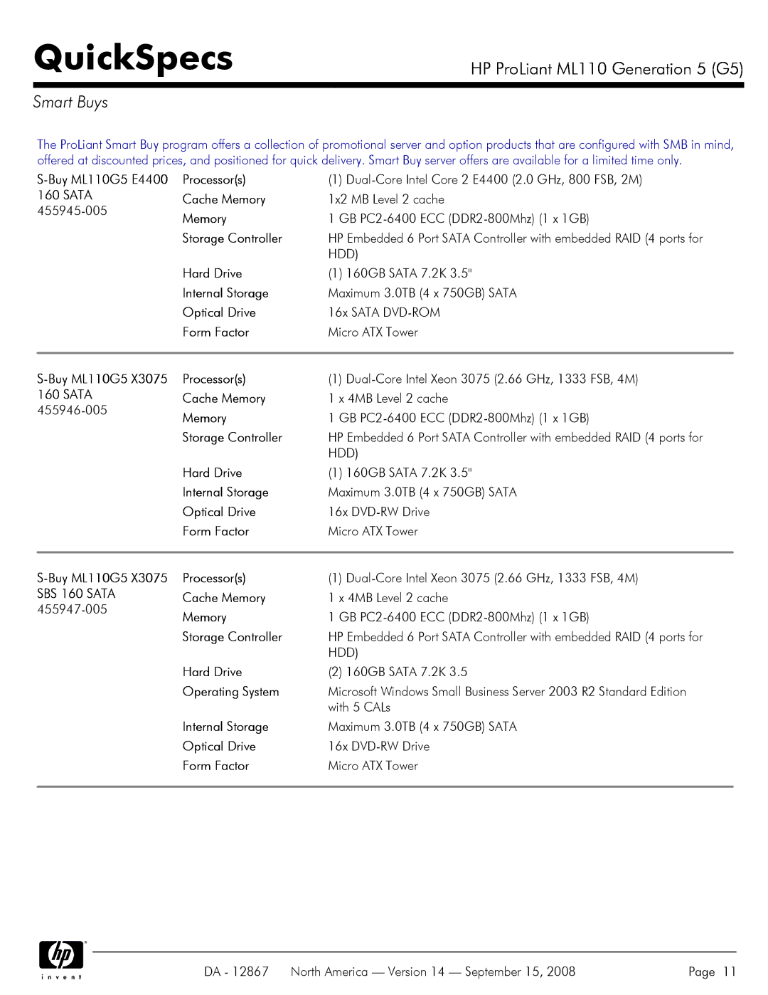 HP ML110 G5 manual Smart Buys, SBS 160 Sata 