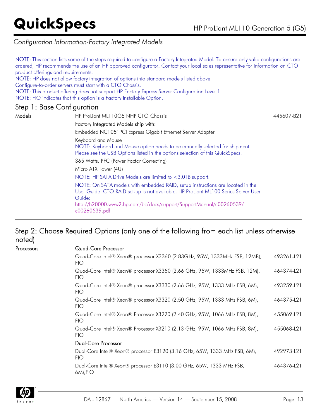 HP ML110 G5 Base Configuration, Configuration Information-Factory Integrated Models, Factory Integrated Models ship with 