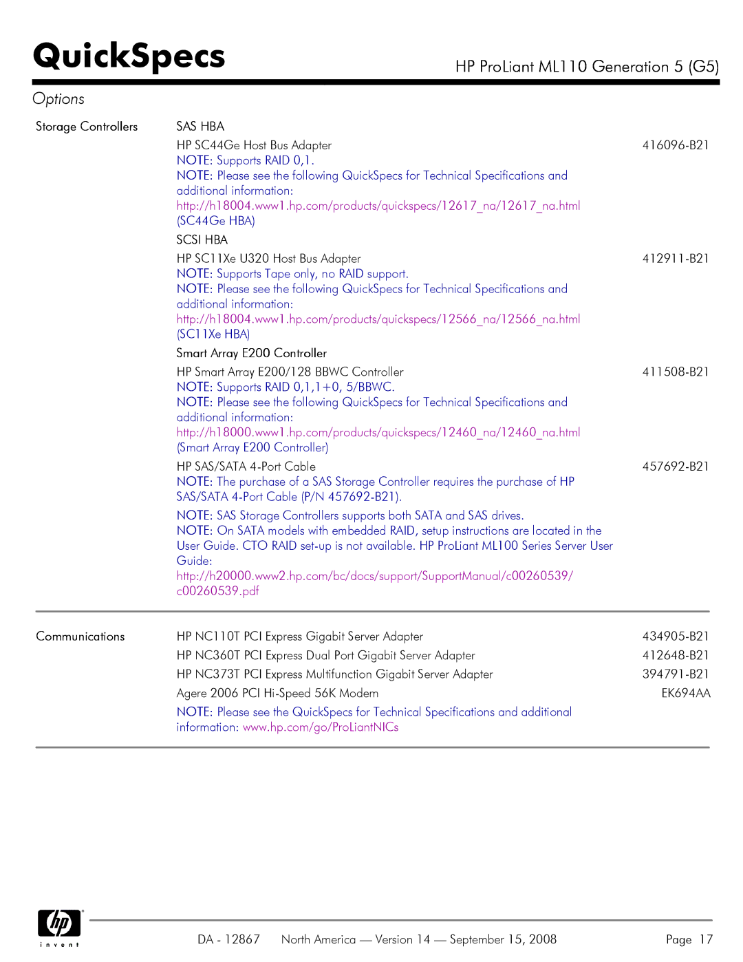 HP ML110 G5 manual Sas Hba 