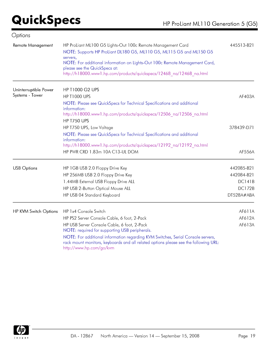 HP ML110 G5 manual HP T1000 G2 UPS, HP T750 UPS, USB Options 