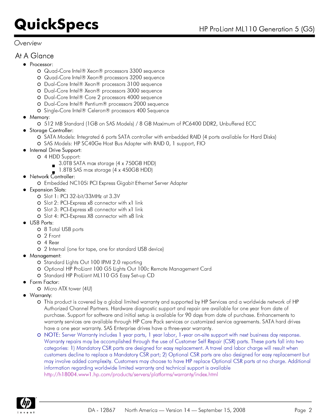 HP ML110 G5 manual At a Glance 