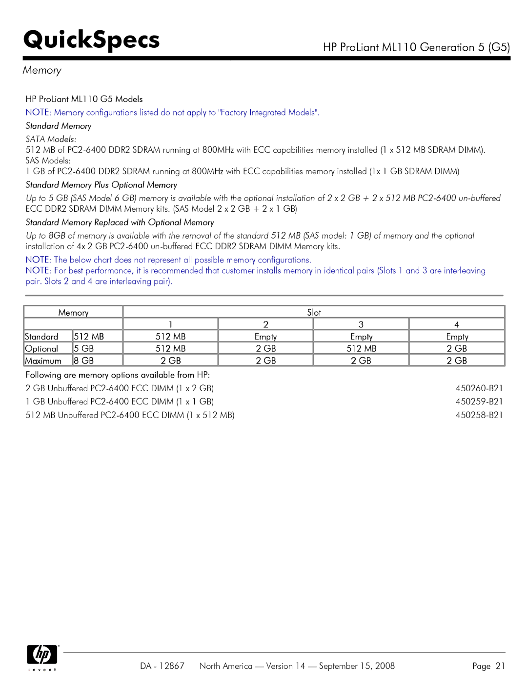 HP manual HP ProLiant ML110 G5 Models, Memory Slot Standard 512 MB, Empty 