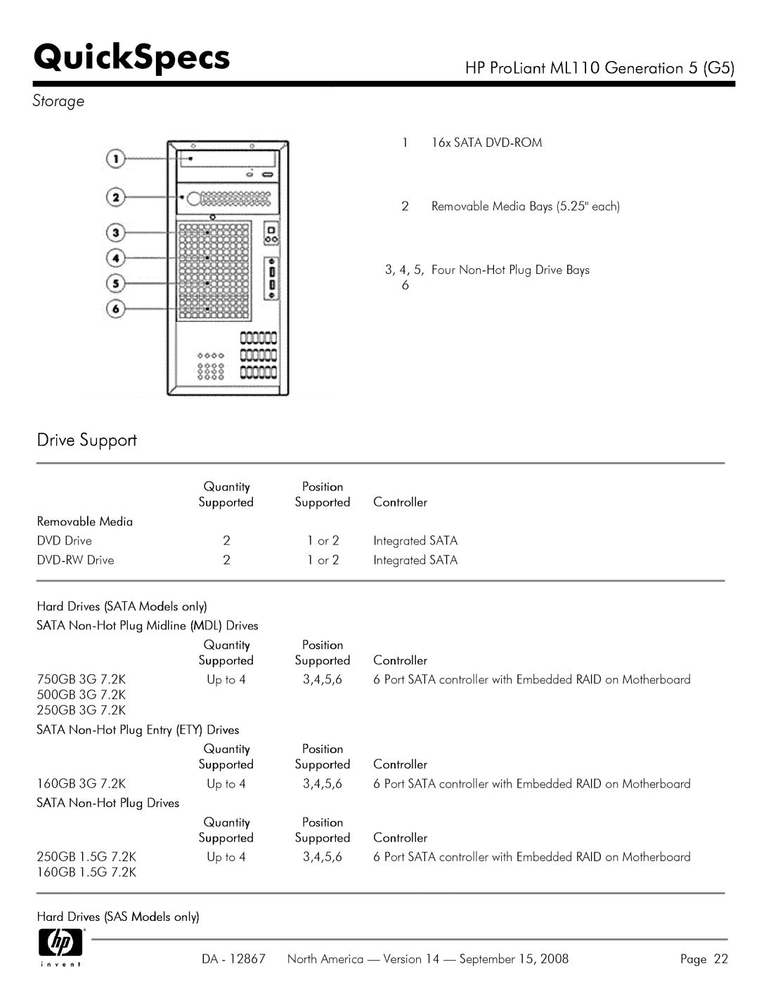 HP ML110 G5 manual Drive Support, Storage 