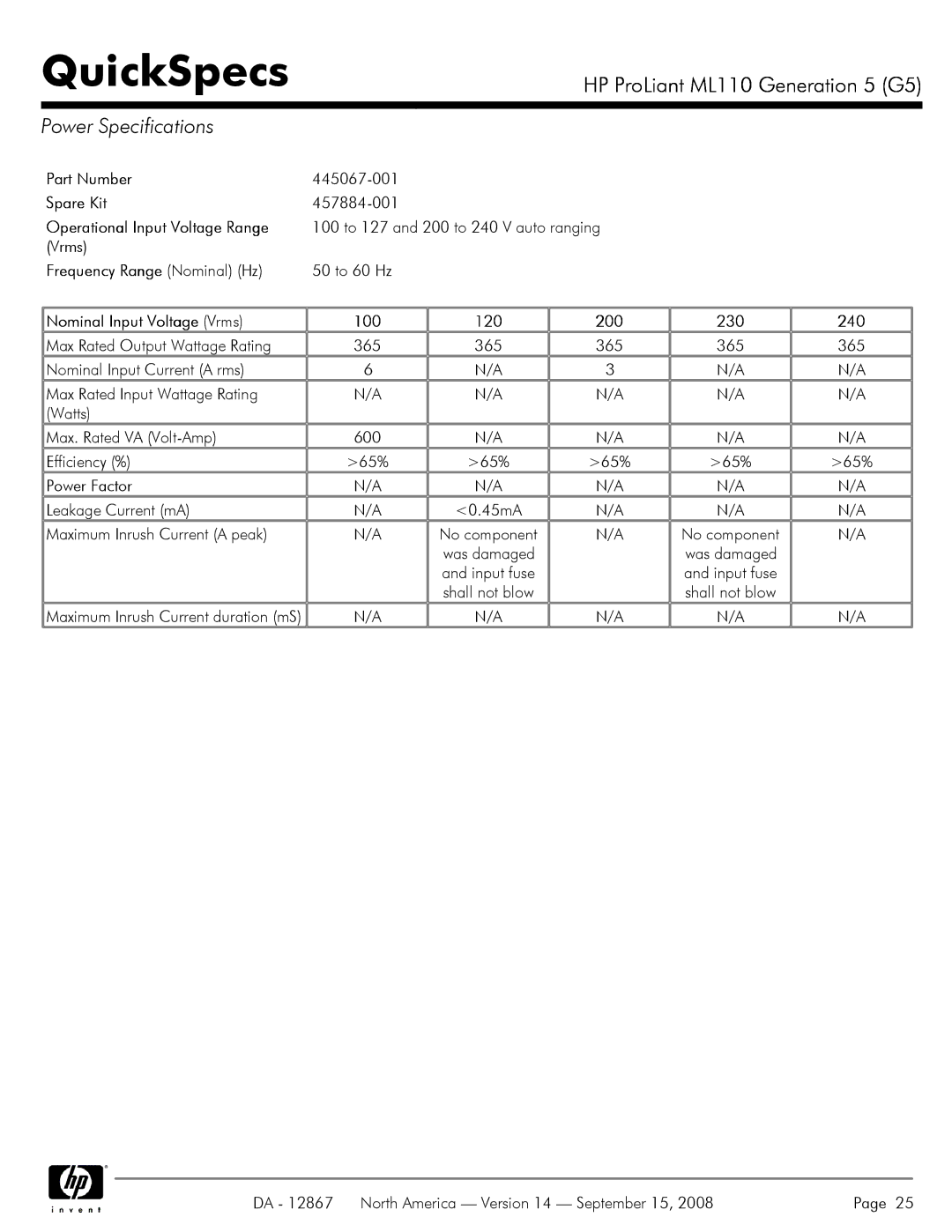 HP ML110 G5 manual Power Specifications 