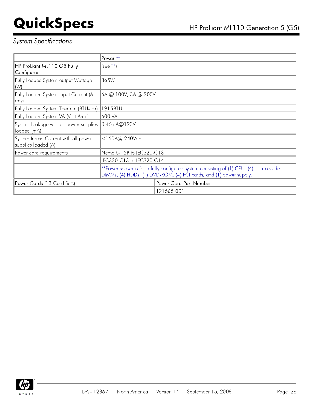 HP manual System Specifications, Power, HP ProLiant ML110 G5 Fully, Configured 