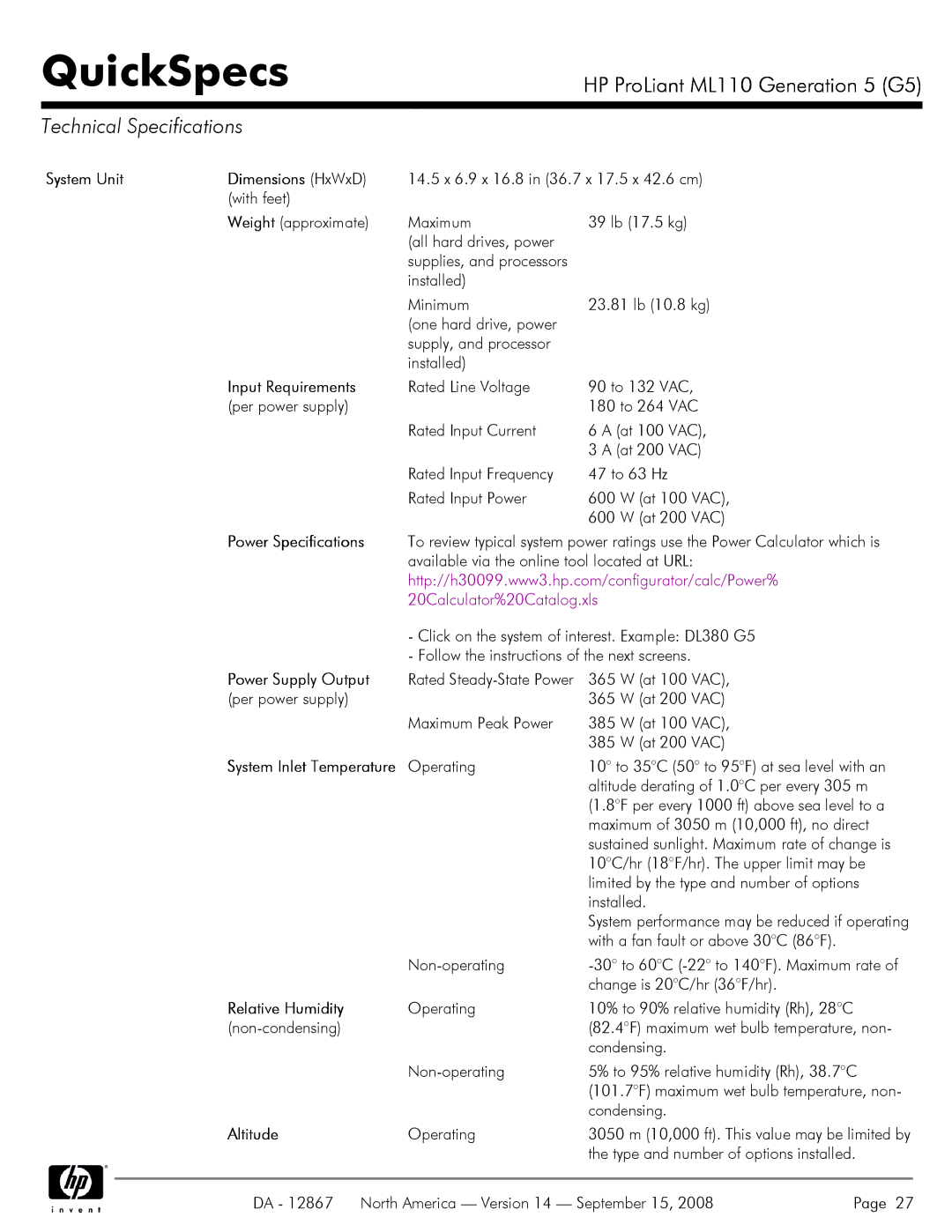 HP ML110 G5 manual Technical Specifications 