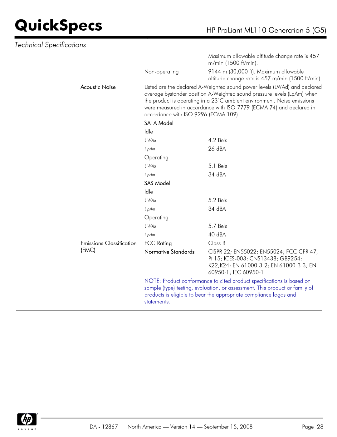 HP ML110 G5 manual Emc 