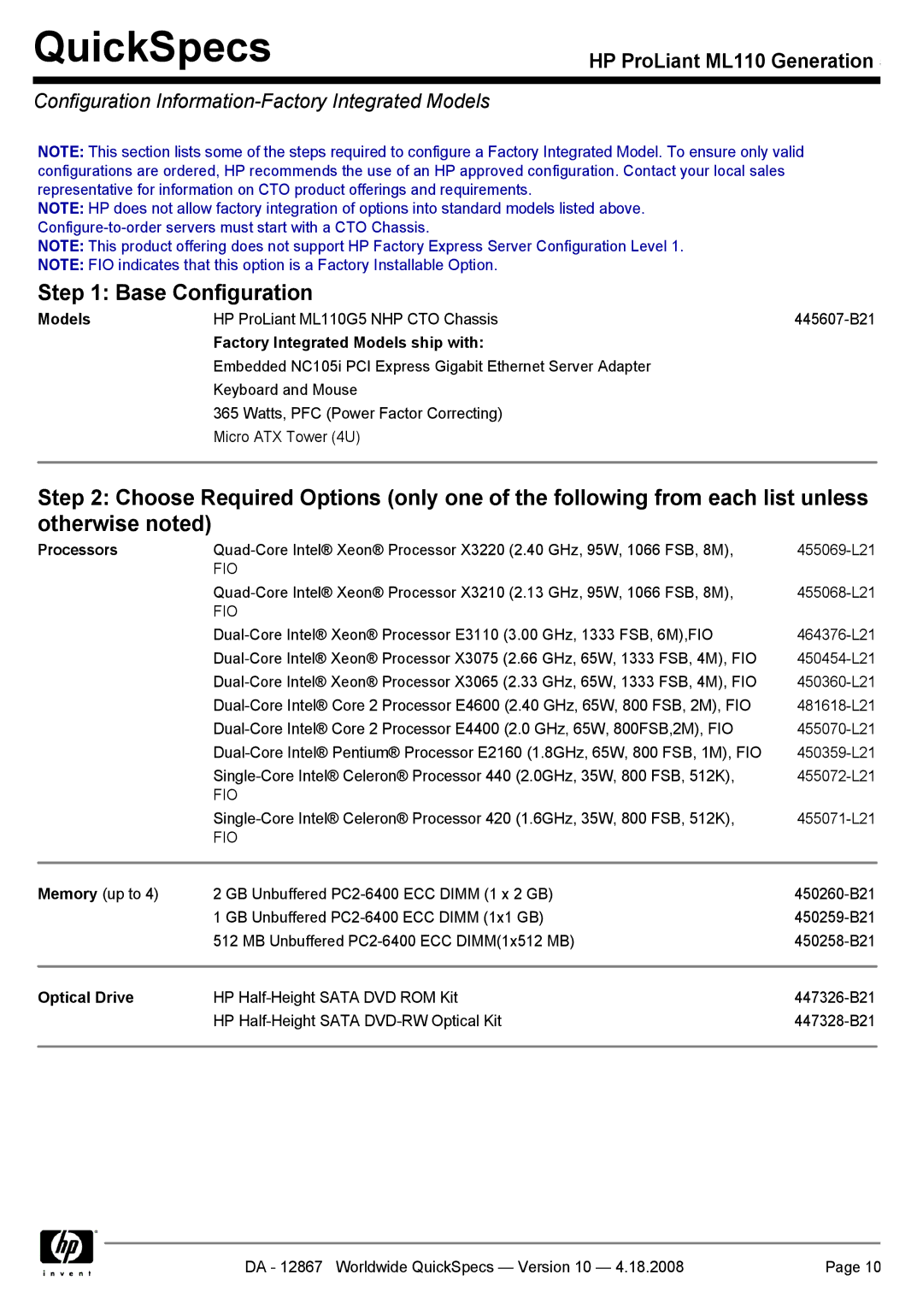 HP ML110 Base Configuration, Configuration Information-Factory Integrated Models, Factory Integrated Models ship with 