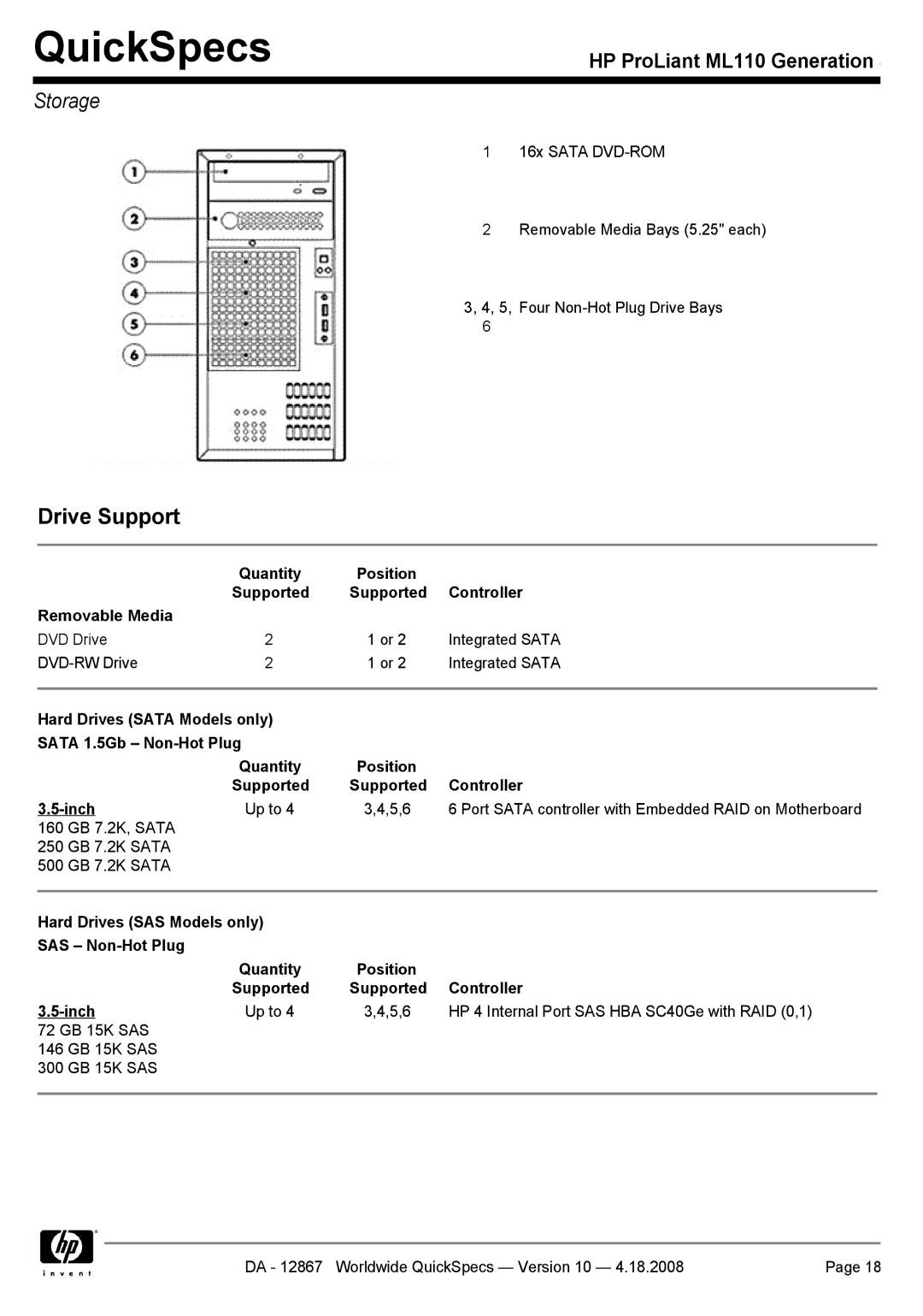 HP ML110 manual Drive Support, Storage 