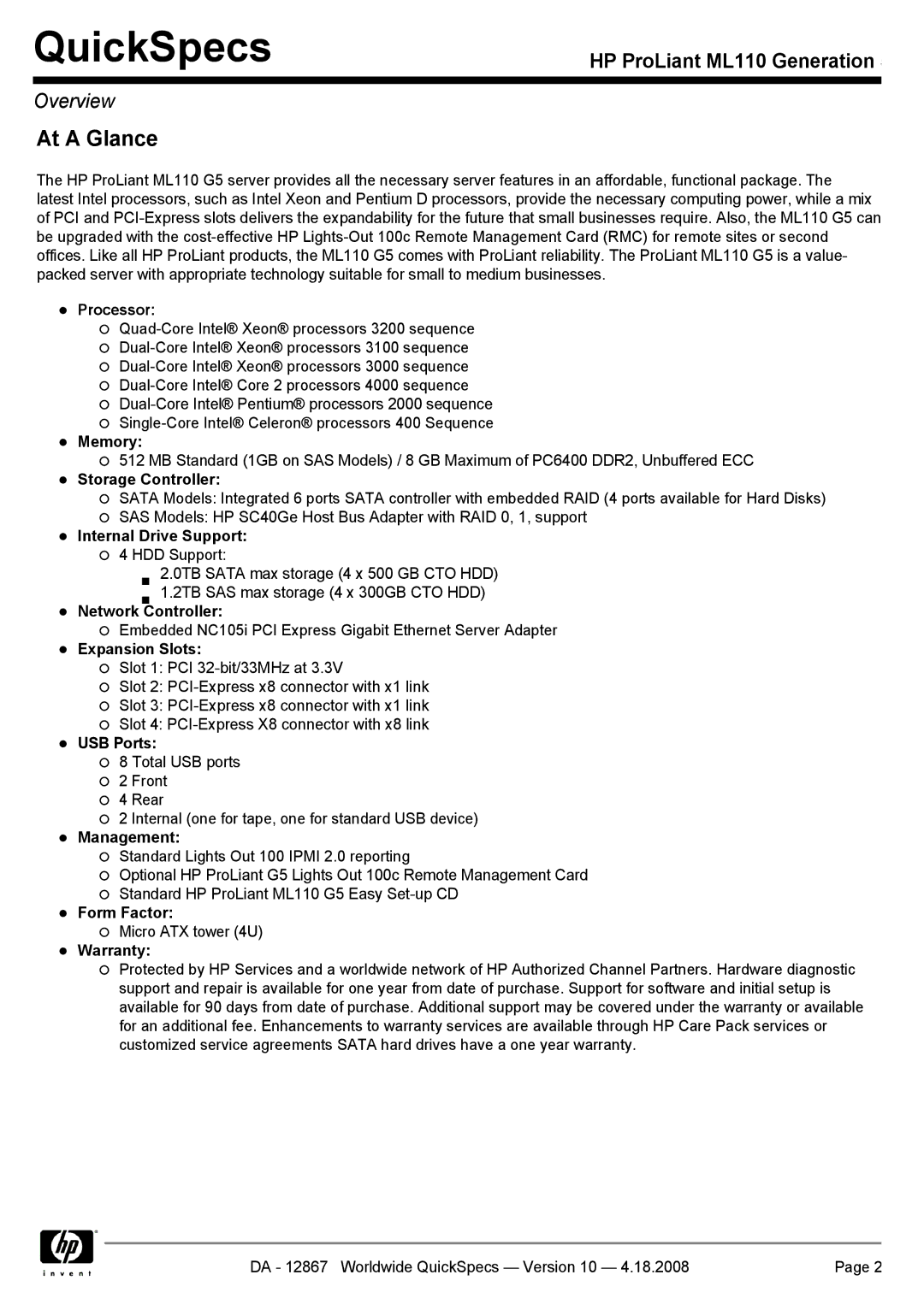 HP ML110 manual At a Glance 