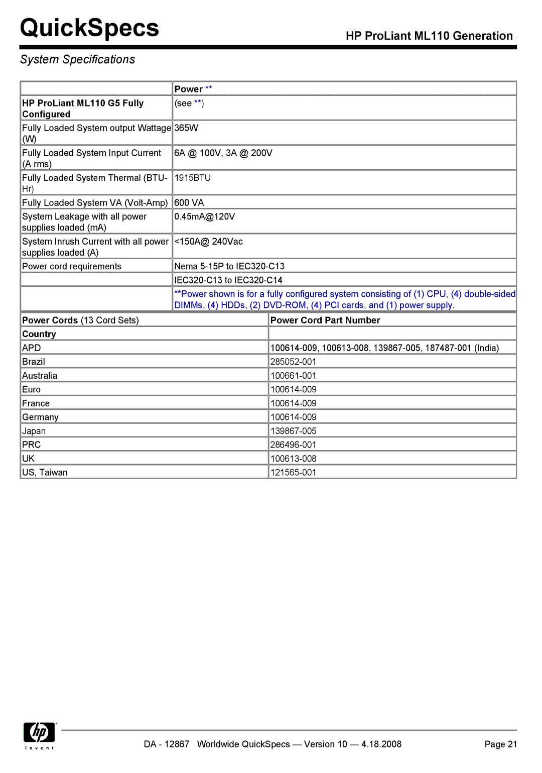 HP ML110 manual System Specifications 