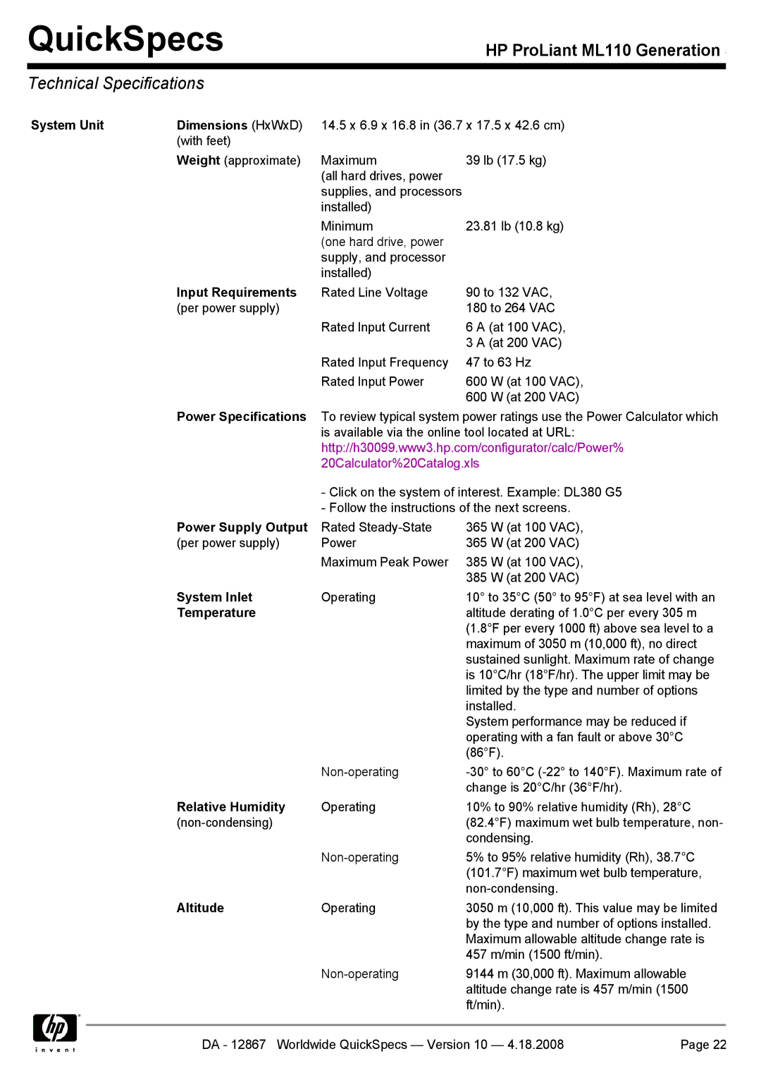 HP ML110 manual Technical Specifications 