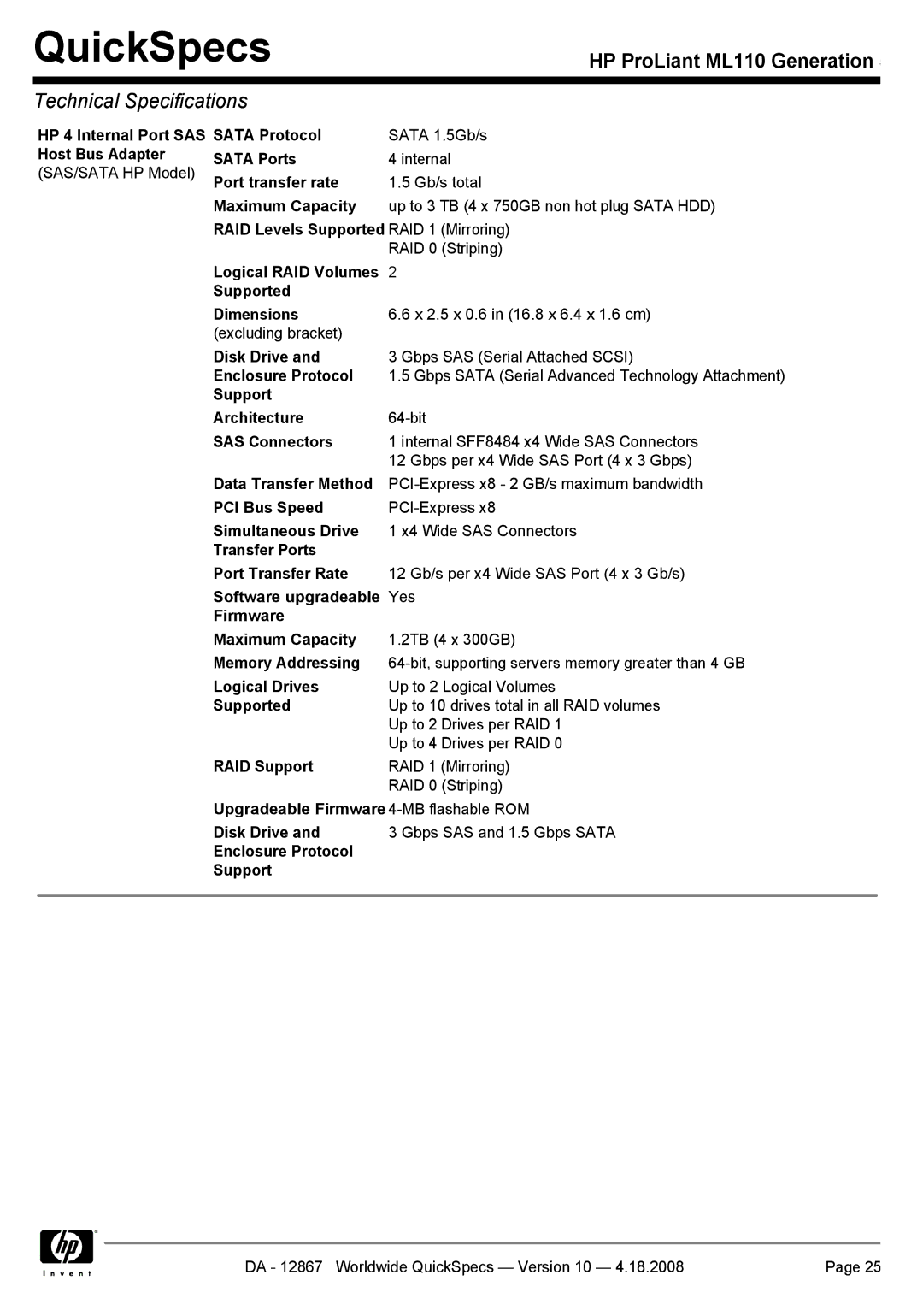 HP ML110 manual HP 4 Internal Port SAS Sata Protocol, Host Bus Adapter Sata Ports, Port transfer rate, Maximum Capacity 