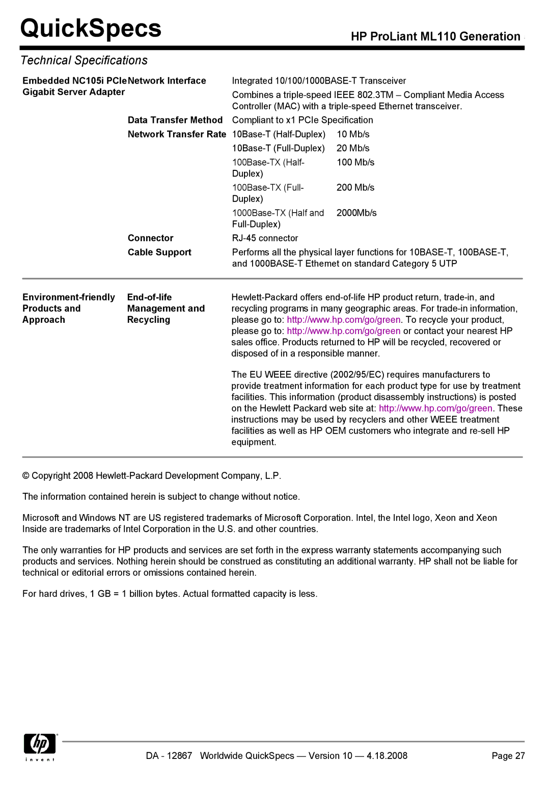 HP ML110 manual Embedded NC105i PCIeNetwork Interface, Gigabit Server Adapter, Network Transfer Rate, Cable Support 