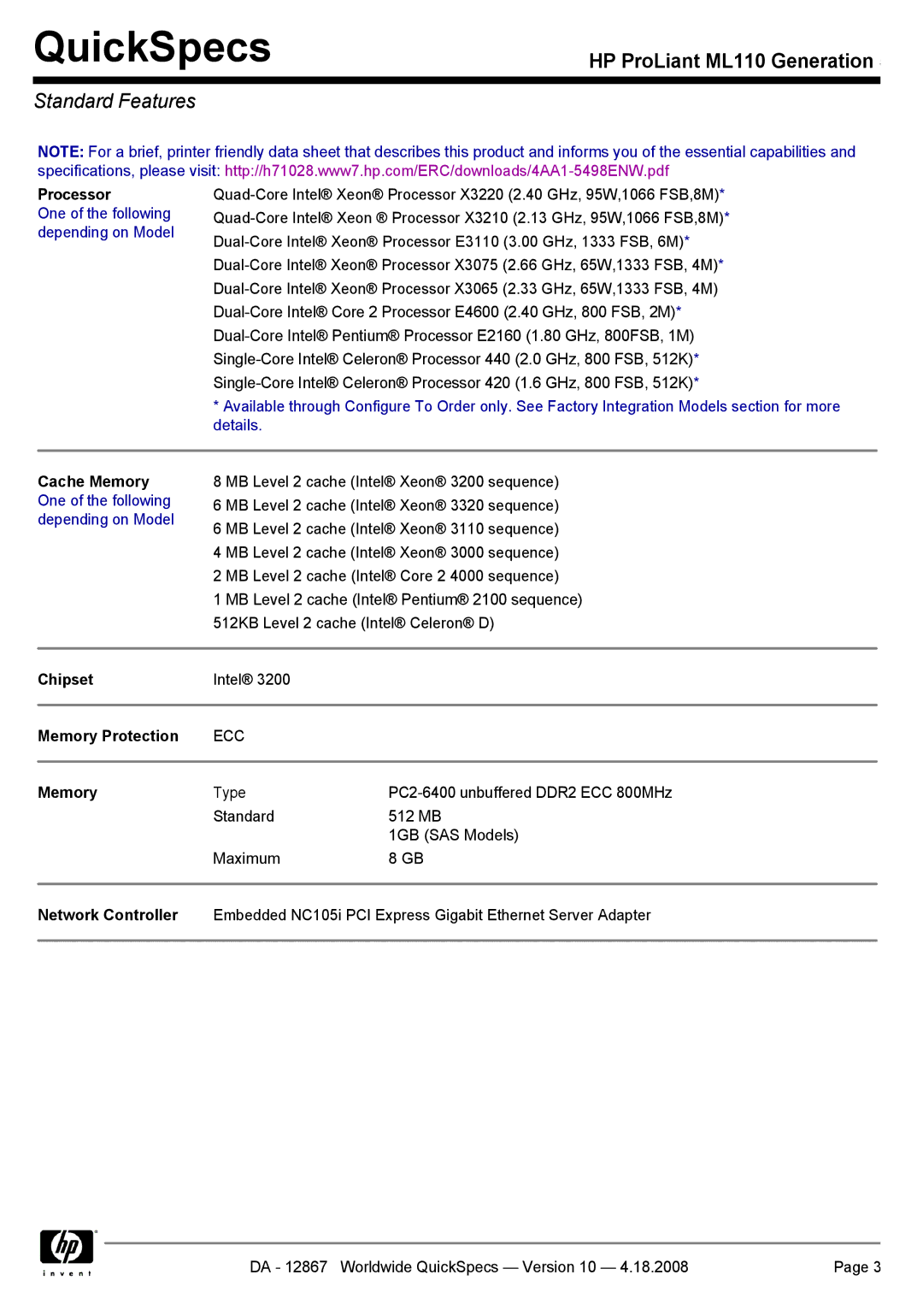 HP ML110 manual Standard Features, Cache Memory One of the following depending on Model, Chipset, Memory Protection 