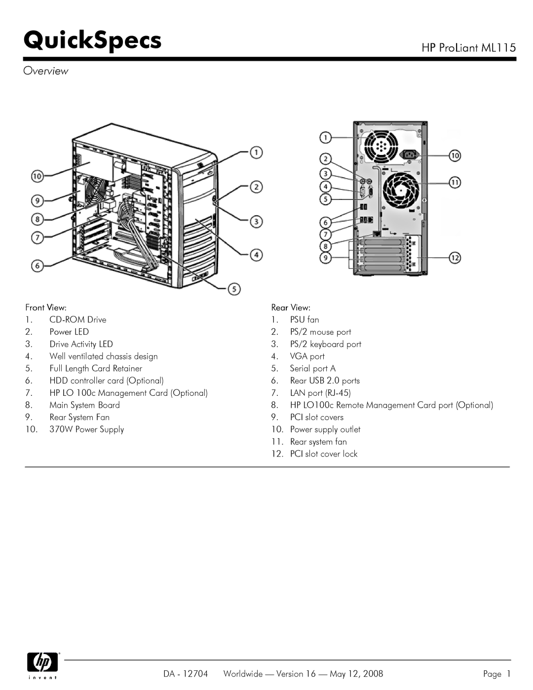 HP ML115 manual Overview, Front View Rear View 