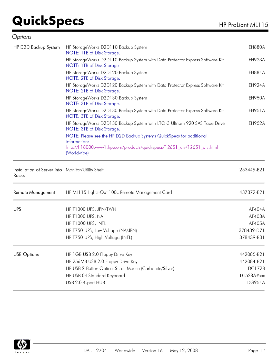 HP ML115 manual HP D2D Backup System, Racks Remote Management, HP T1000 UPS, JPN/TWN, HP T1000 UPS, Intl, USB Options 