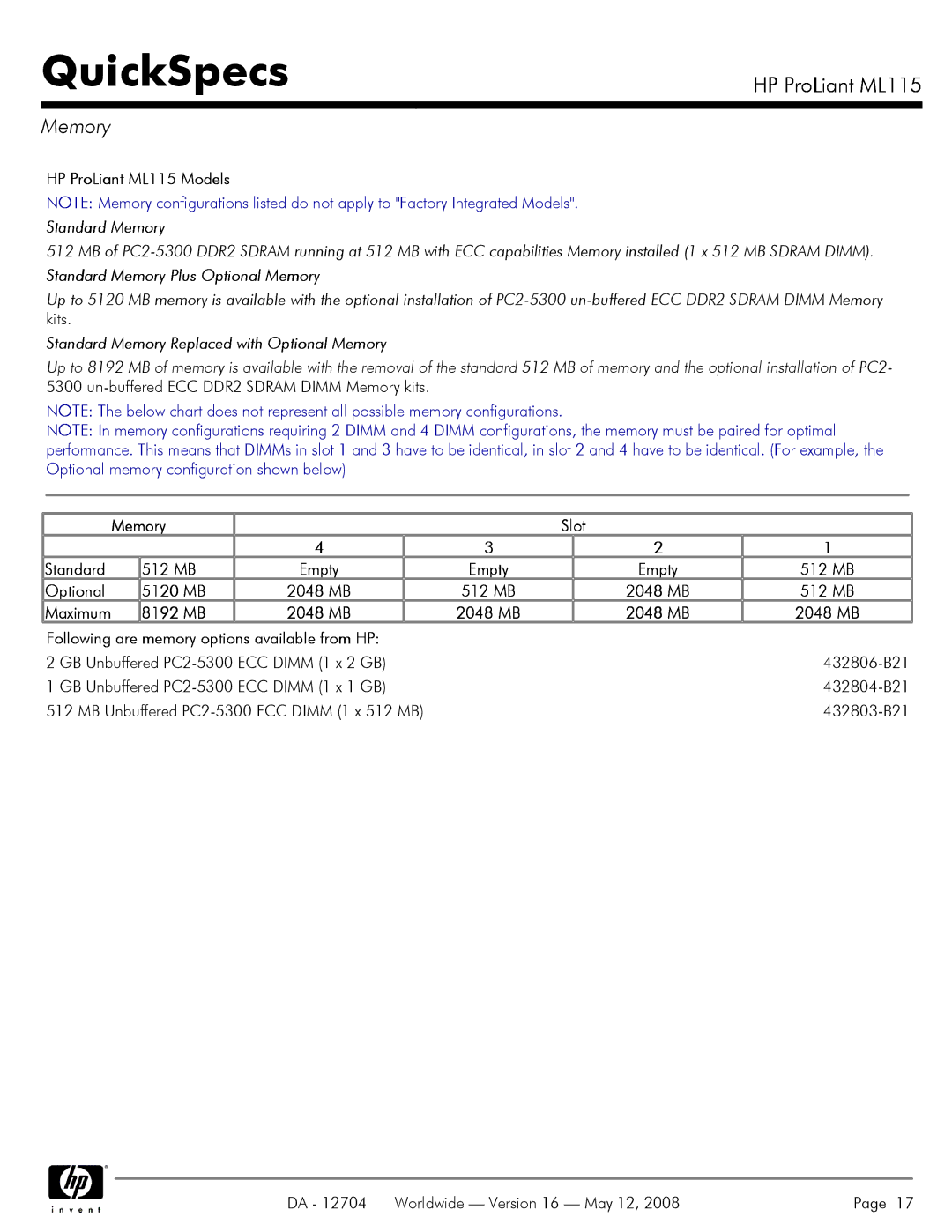 HP manual HP ProLiant ML115 Models, Memory Slot, Optional 5120 MB 2048 MB 512 MB 