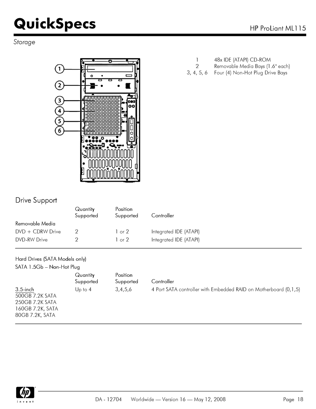 HP ML115 manual Drive Support, Storage 