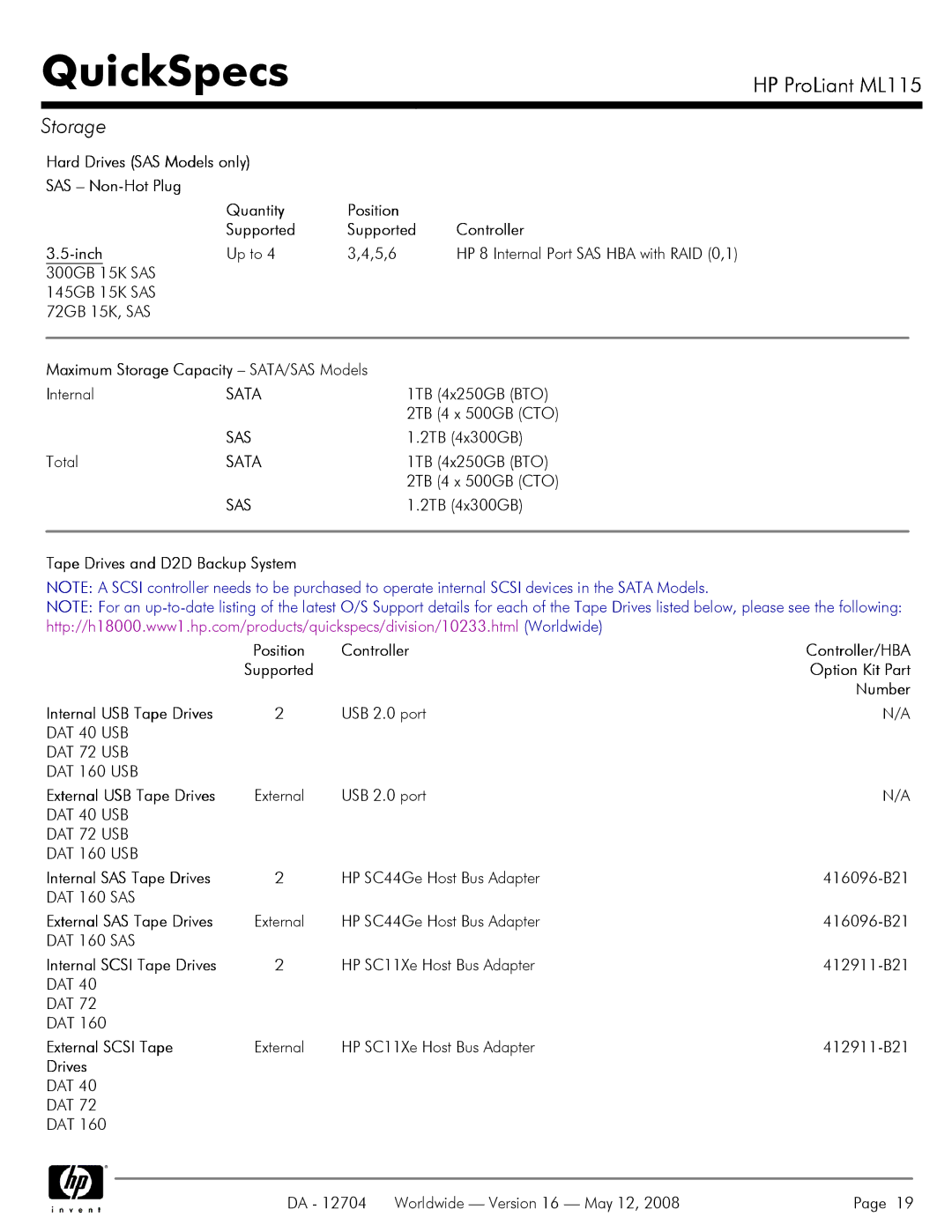 HP ML115 Maximum Storage Capacity SATA/SAS Models, Tape Drives and D2D Backup System, Number, Internal USB Tape Drives 