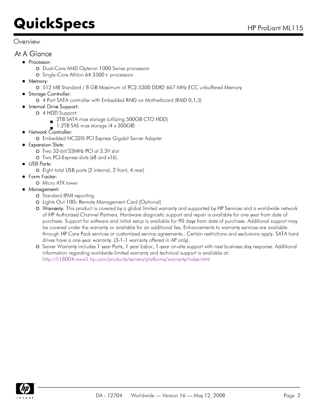 HP ML115 manual At a Glance 