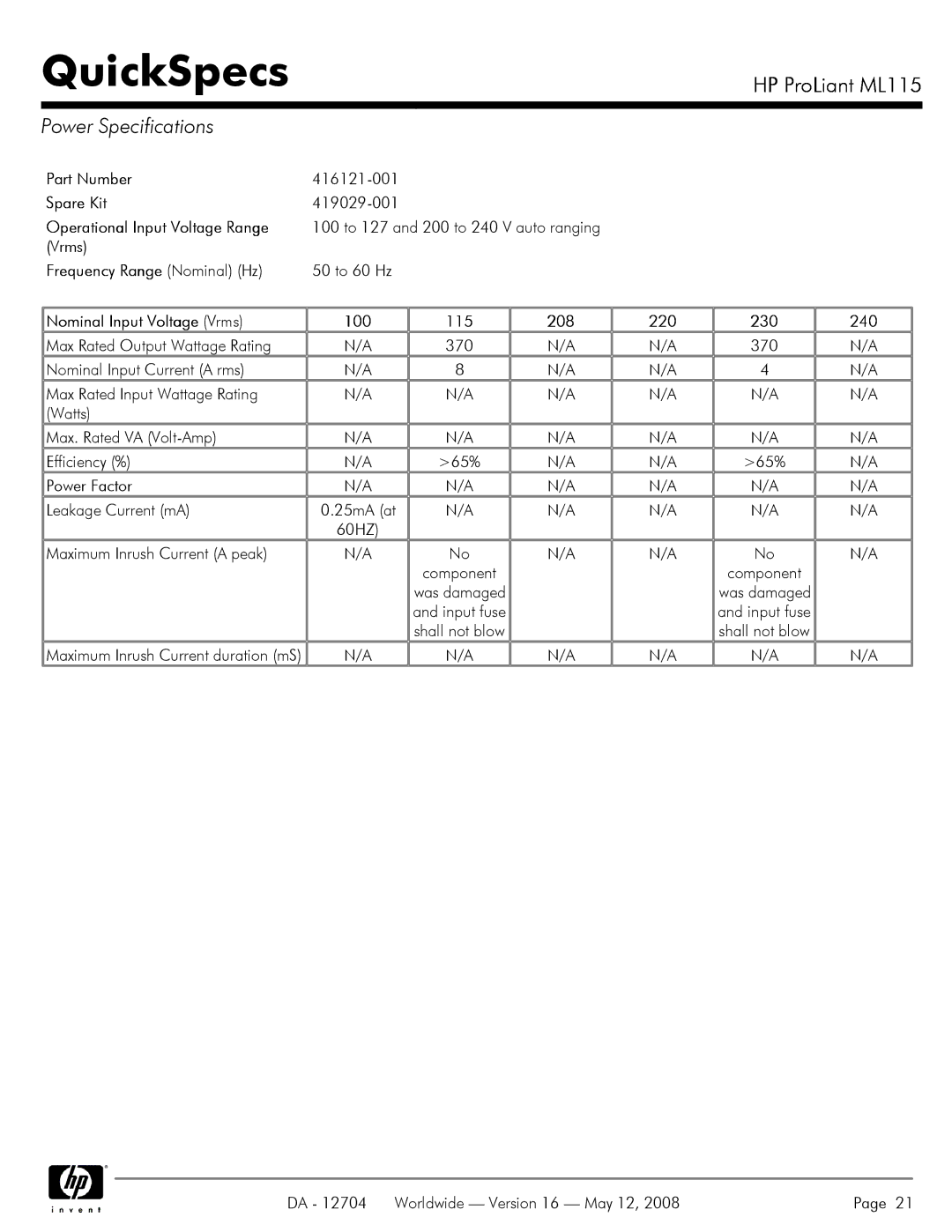 HP ML115 manual Power Specifications 