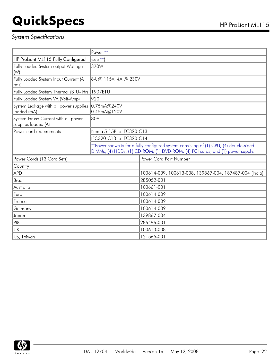 HP ML115 manual System Specifications, Power Cord Part Number, Country, Apd 