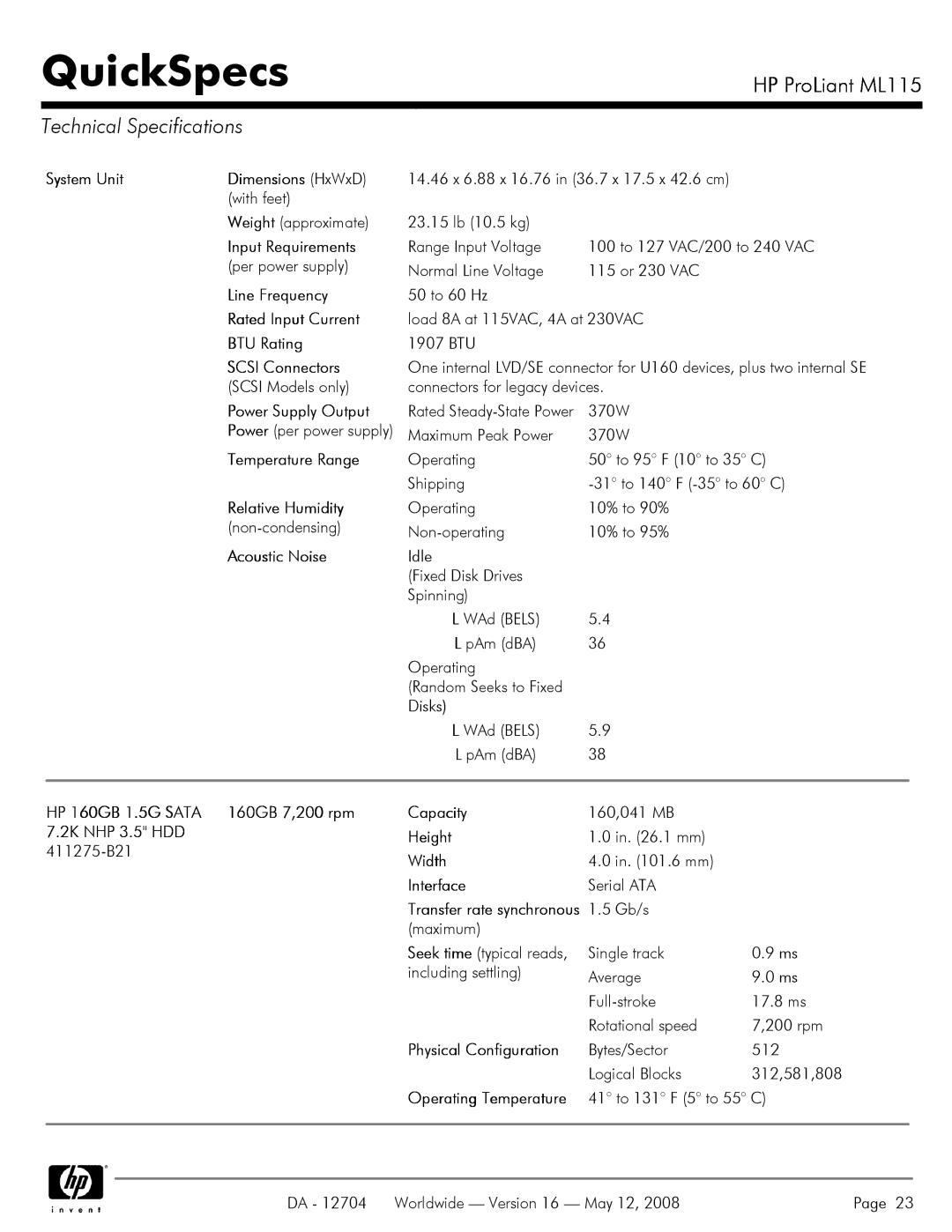 HP ML115 manual Technical Specifications 