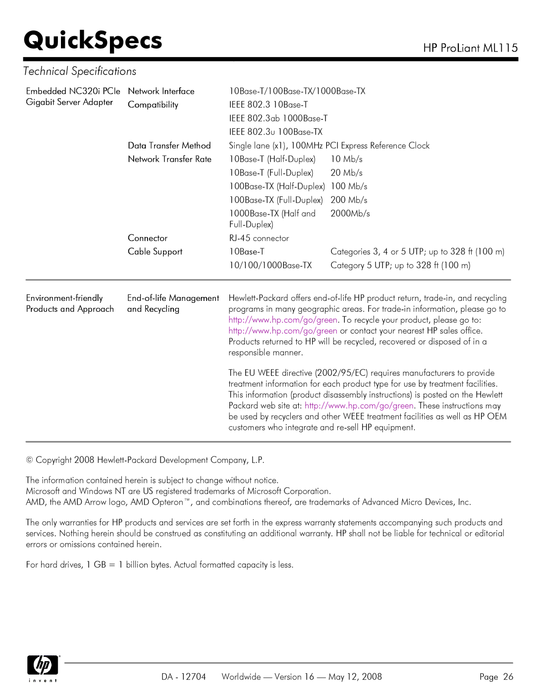 HP ML115 Embedded NC320i PCIe Network Interface, Gigabit Server Adapter Compatibility, Network Transfer Rate, Connector 