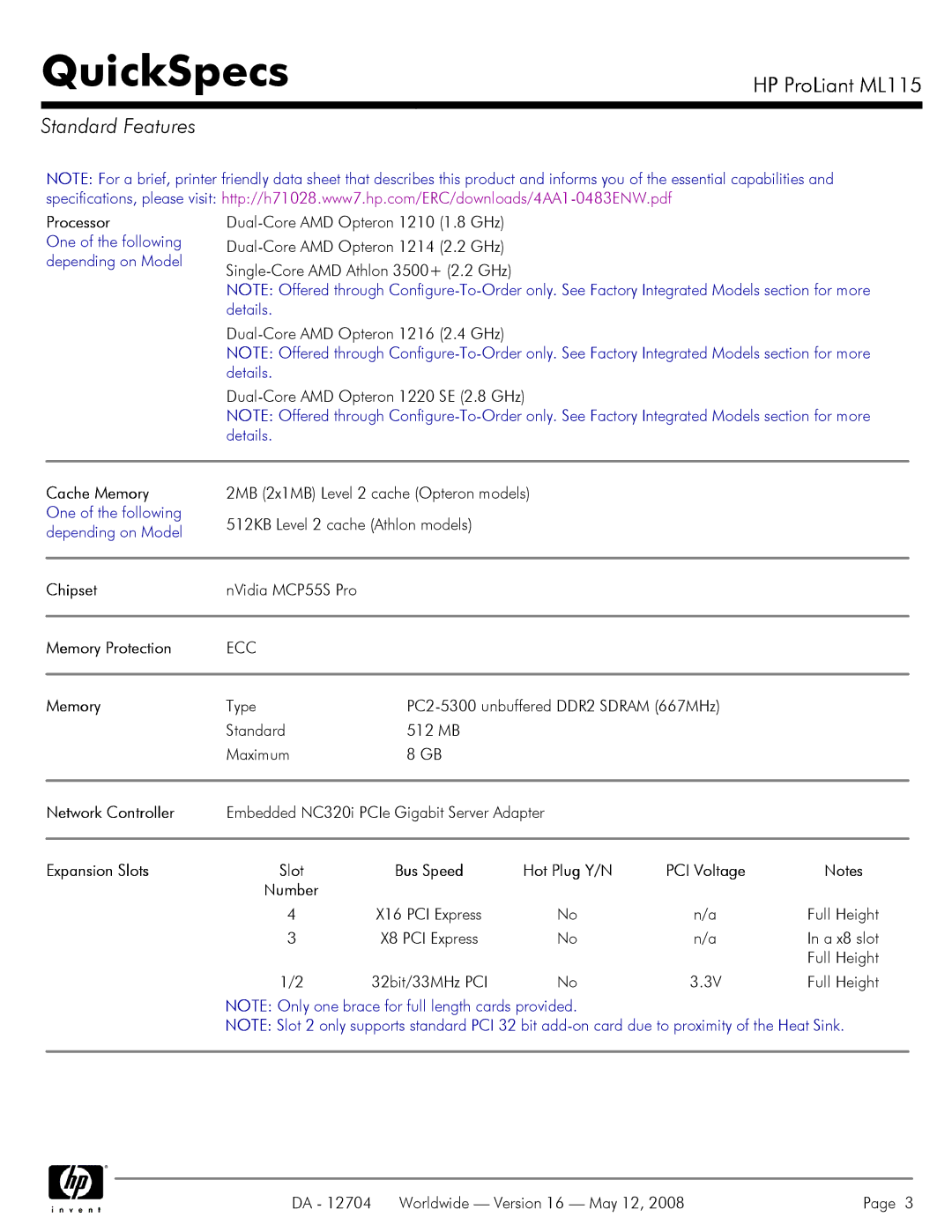 HP ML115 manual Standard Features, Cache Memory One of the following depending on Model, Chipset, Memory Protection, Ecc 