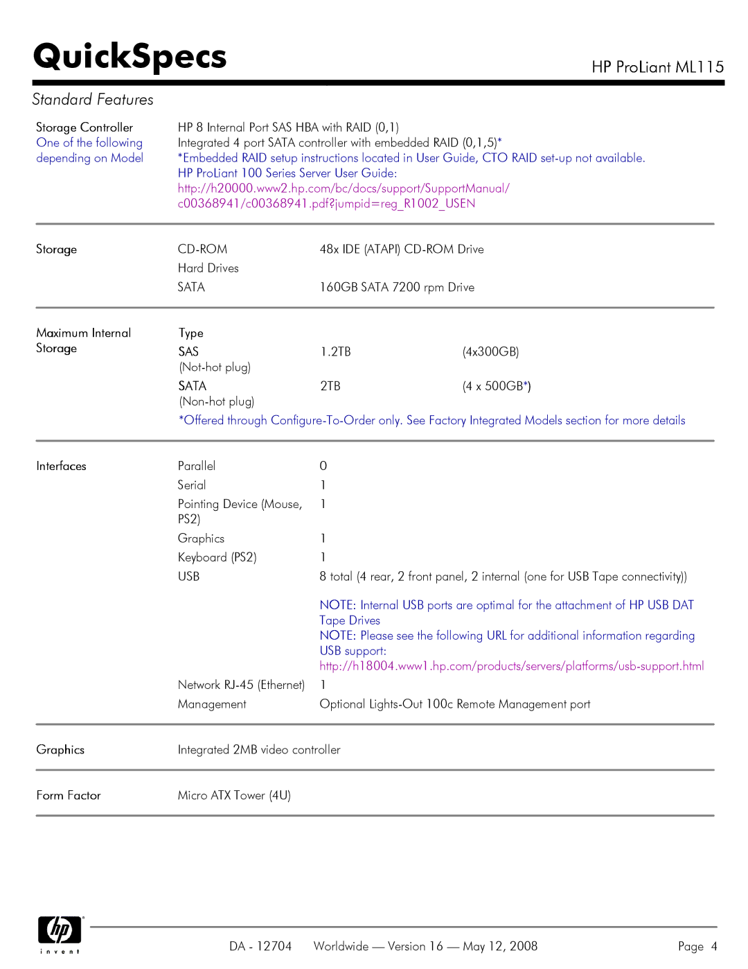 HP ML115 manual Maximum Internal Type Storage, Interfaces, Graphics 