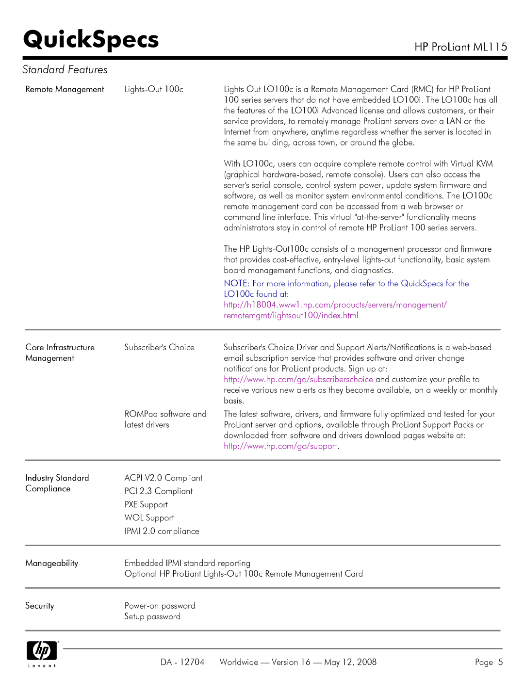 HP ML115 manual Remote Management, Core Infrastructure, Industry Standard, Compliance, Manageability, Security 