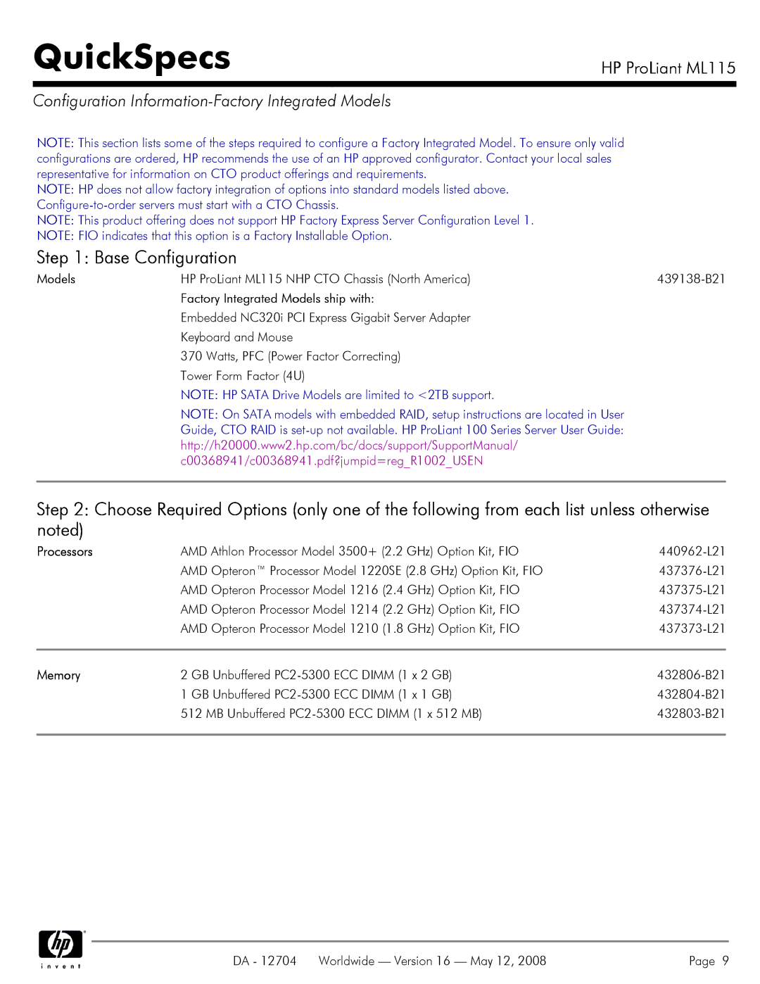 HP ML115 Base Configuration, Configuration Information-Factory Integrated Models, Factory Integrated Models ship with 