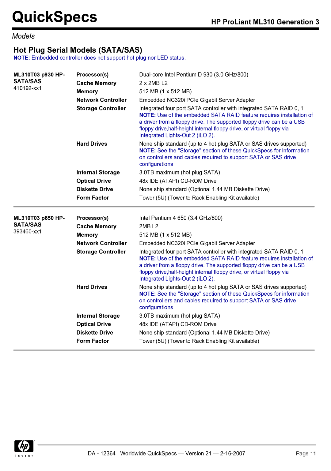 HP ML310 manual Hot Plug Serial Models SATA/SAS, Sata/Sas 