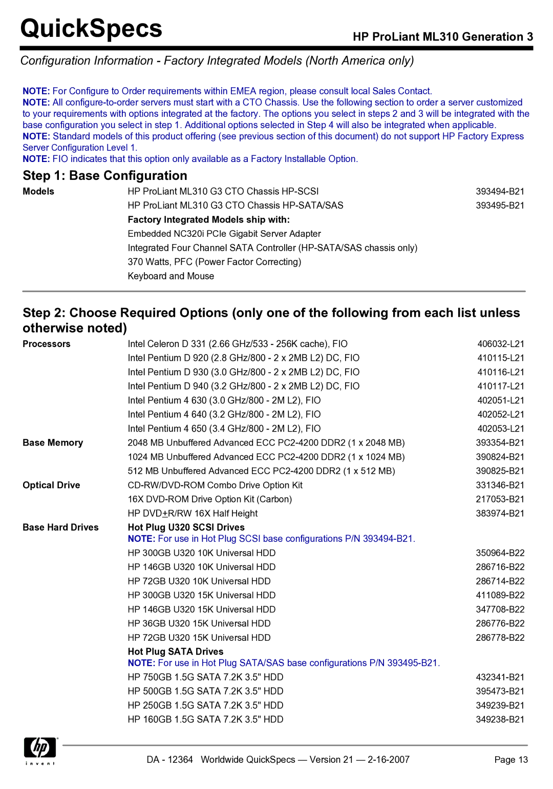 HP ML310 manual Base Configuration 