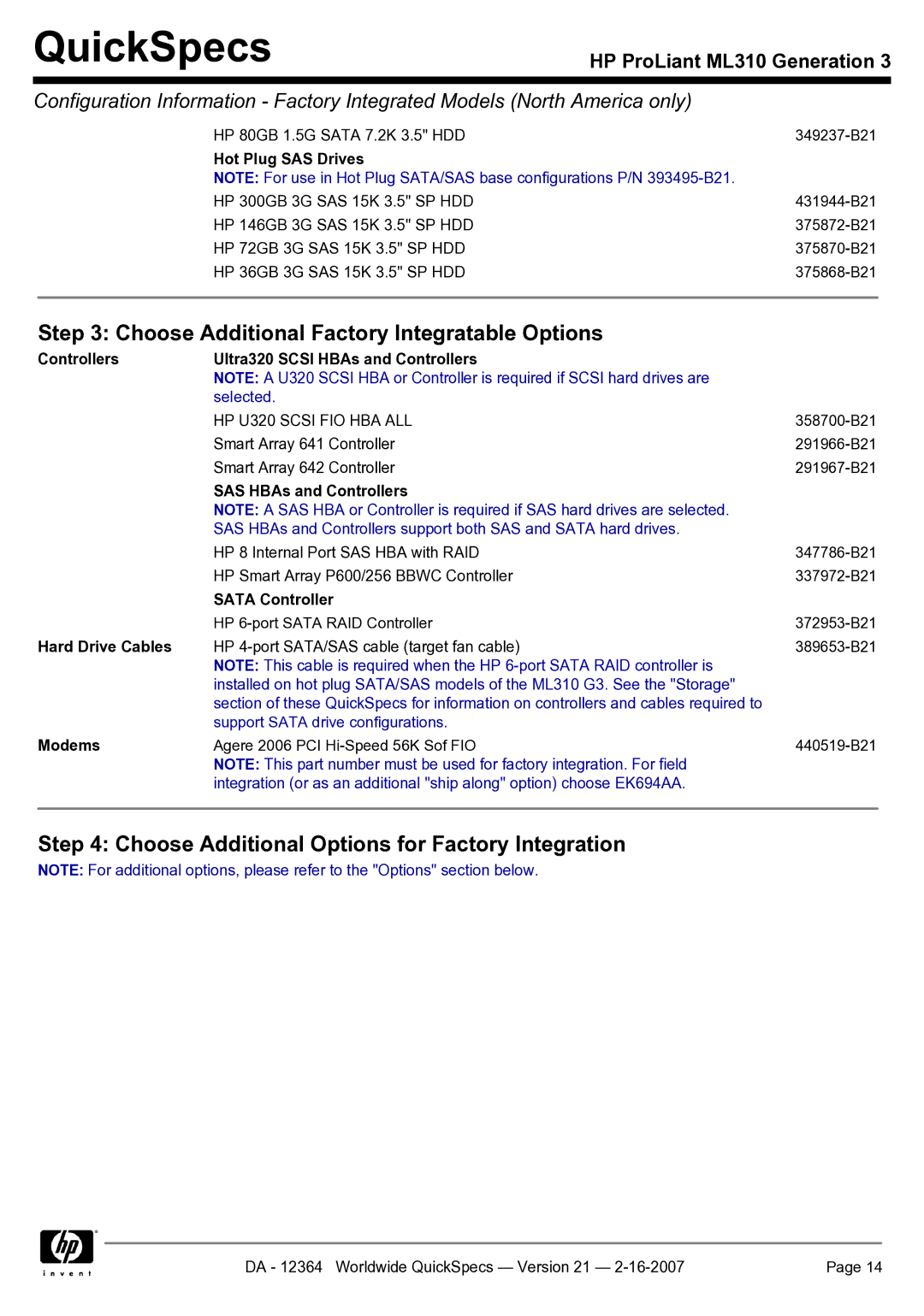 HP ML310 manual Choose Additional Factory Integratable Options, Choose Additional Options for Factory Integration 