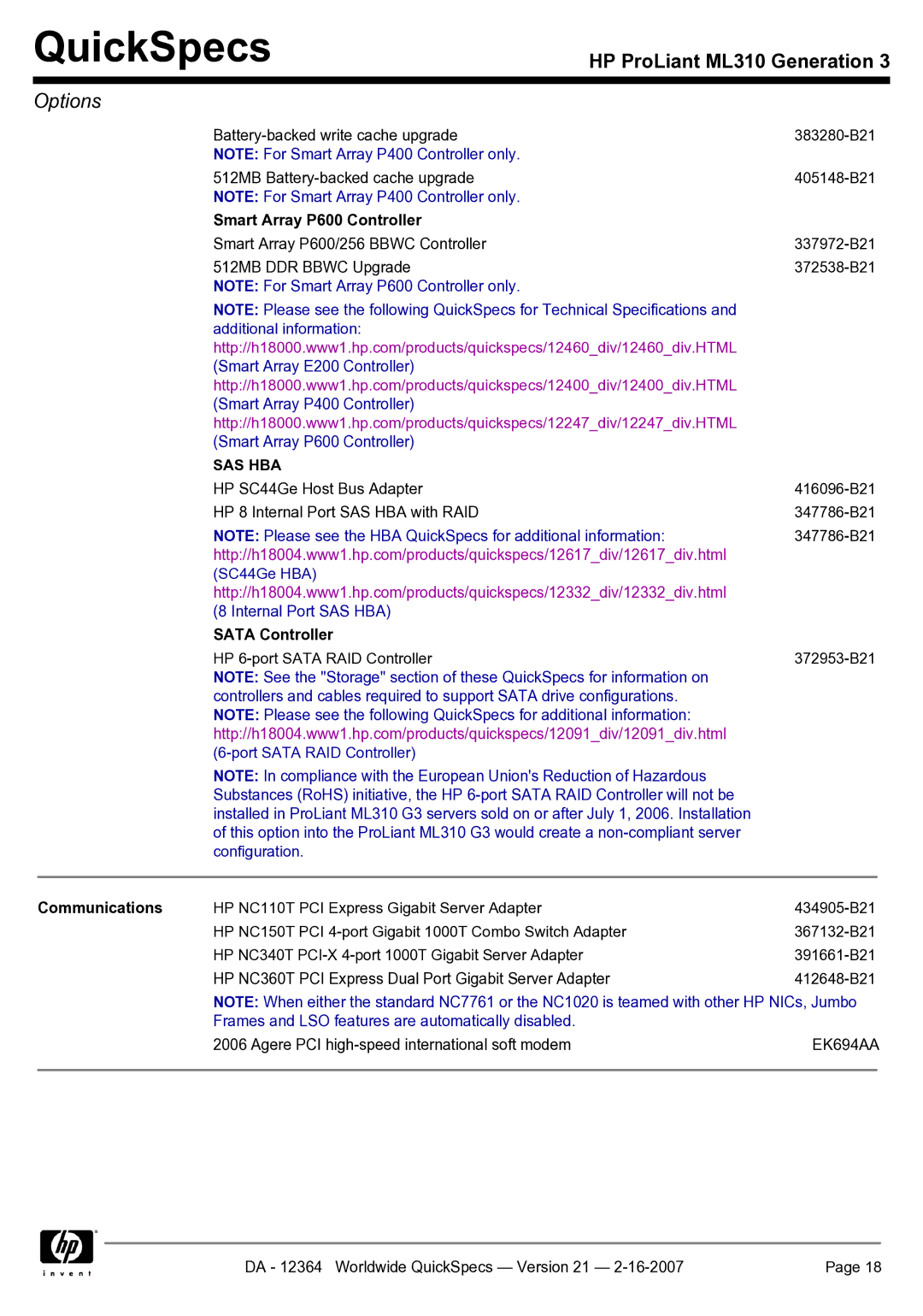 HP ML310 manual Smart Array P600 Controller, Communications 