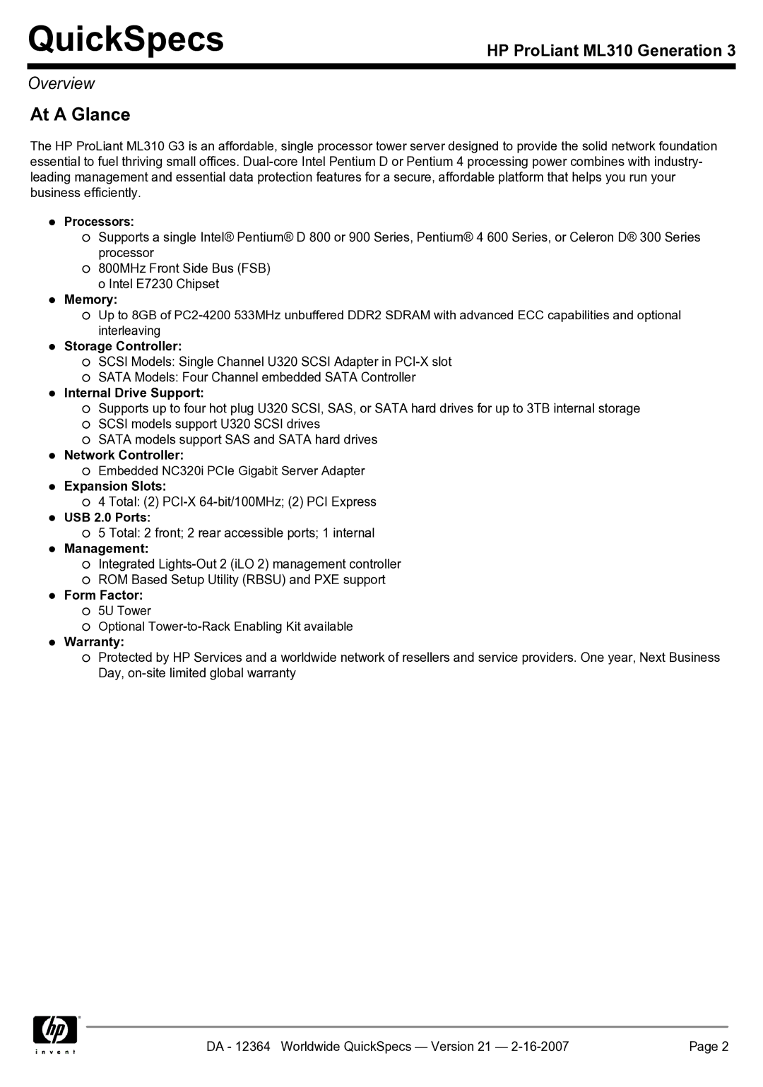 HP ML310 manual At a Glance 