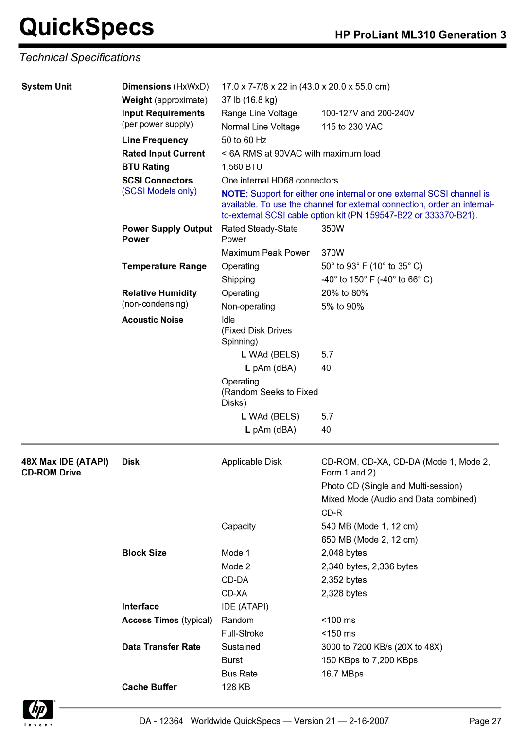 HP ML310 manual Technical Specifications 