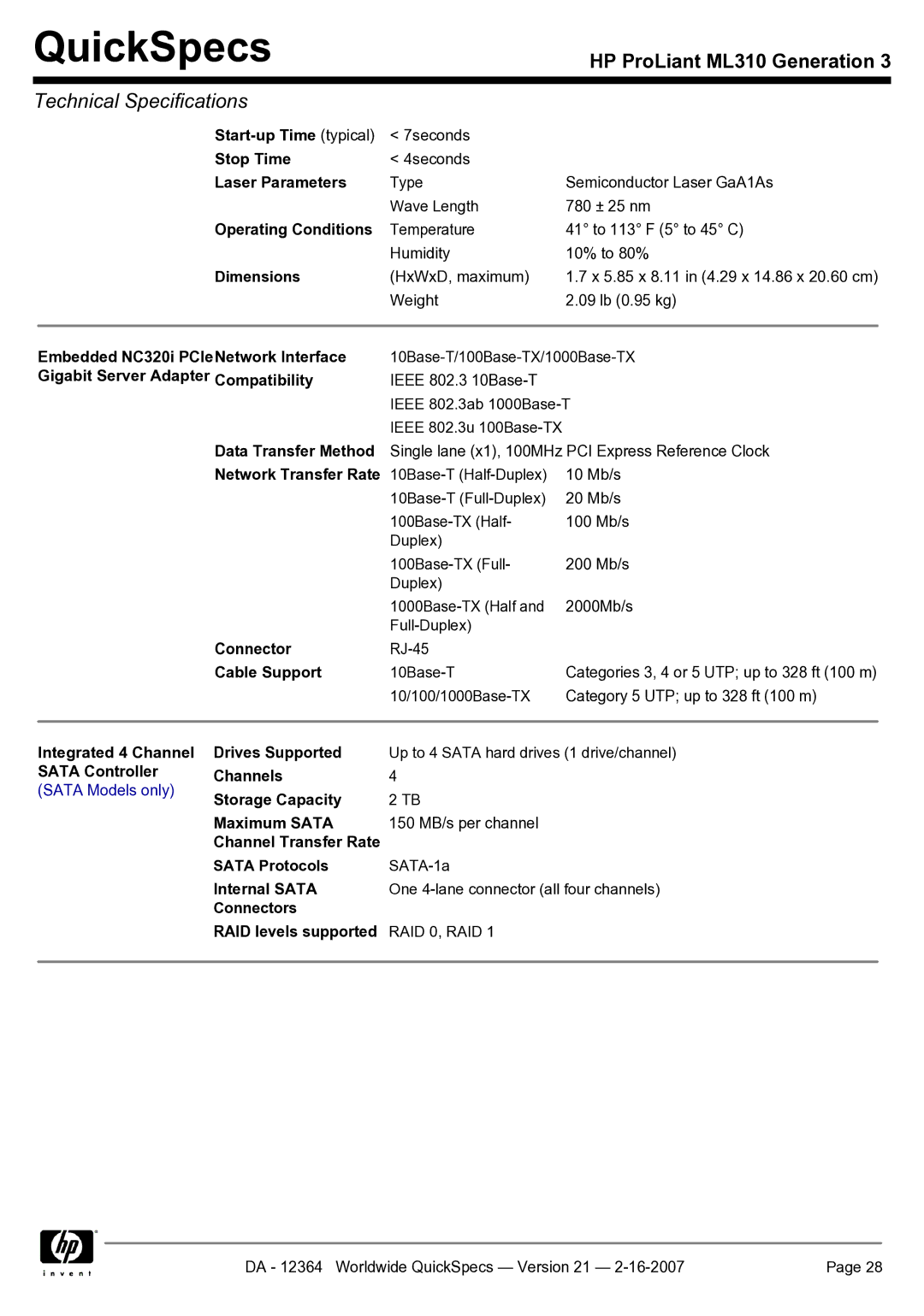 HP ML310 manual Start-up Time typical, Stop Time, Laser Parameters, Operating Conditions, Dimensions, Data Transfer Method 