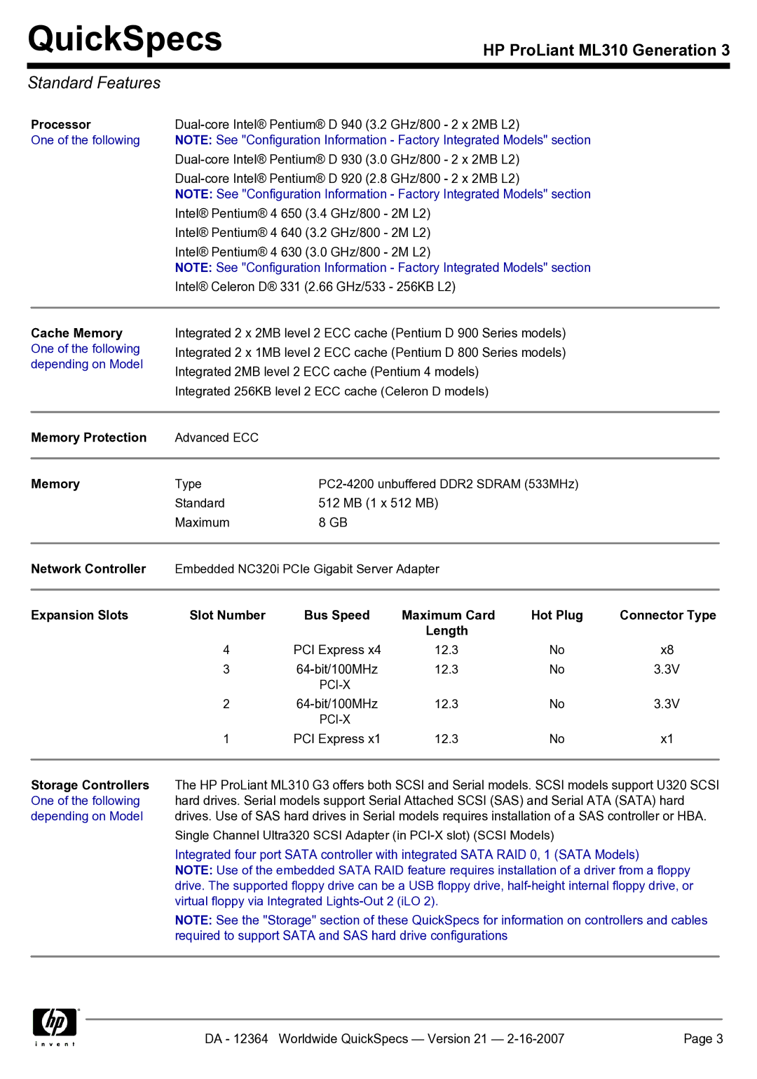 HP ML310 manual Standard Features, Processor, Cache Memory One of the following depending on Model, Memory Protection 