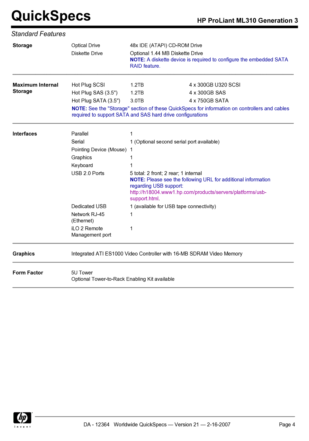 HP ML310 manual Storage, Maximum Internal, Interfaces, Graphics, ProLiant Essentials Foundation Pack Software 