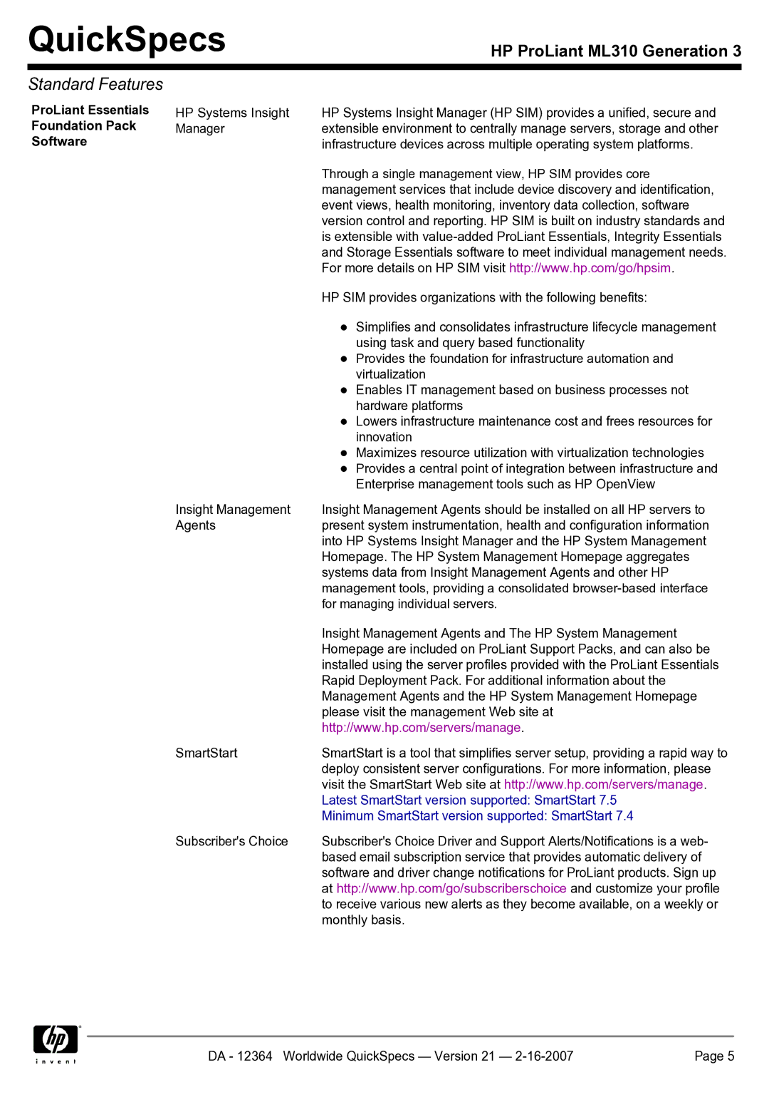 HP ML310 manual ProLiant Essentials, Minimum SmartStart version supported SmartStart 