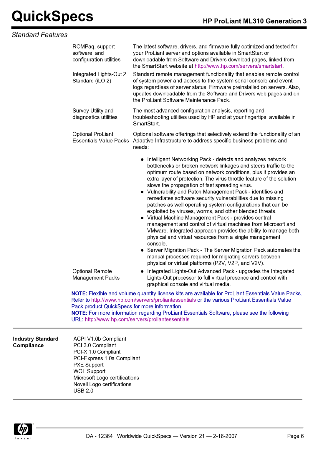 HP ML310 manual Industry Standard, Compliance 