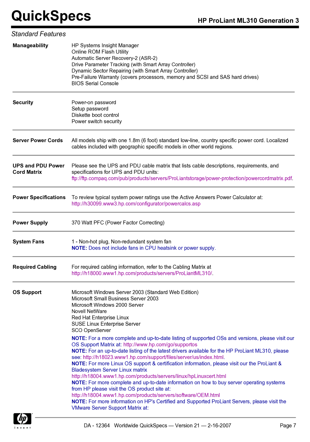 HP ML310 Manageability, Security, Server Power Cords, UPS and PDU Power, Cord Matrix, Power Specifications, Power Supply 