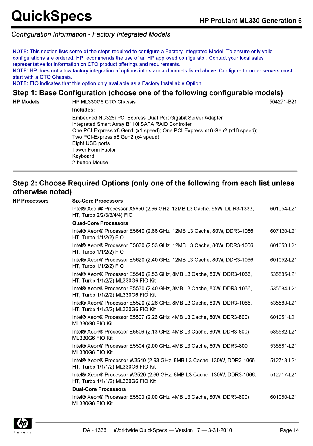 HP ML330 manual Configuration Information Factory Integrated Models, Includes, HP Processors Six-Core Processors 