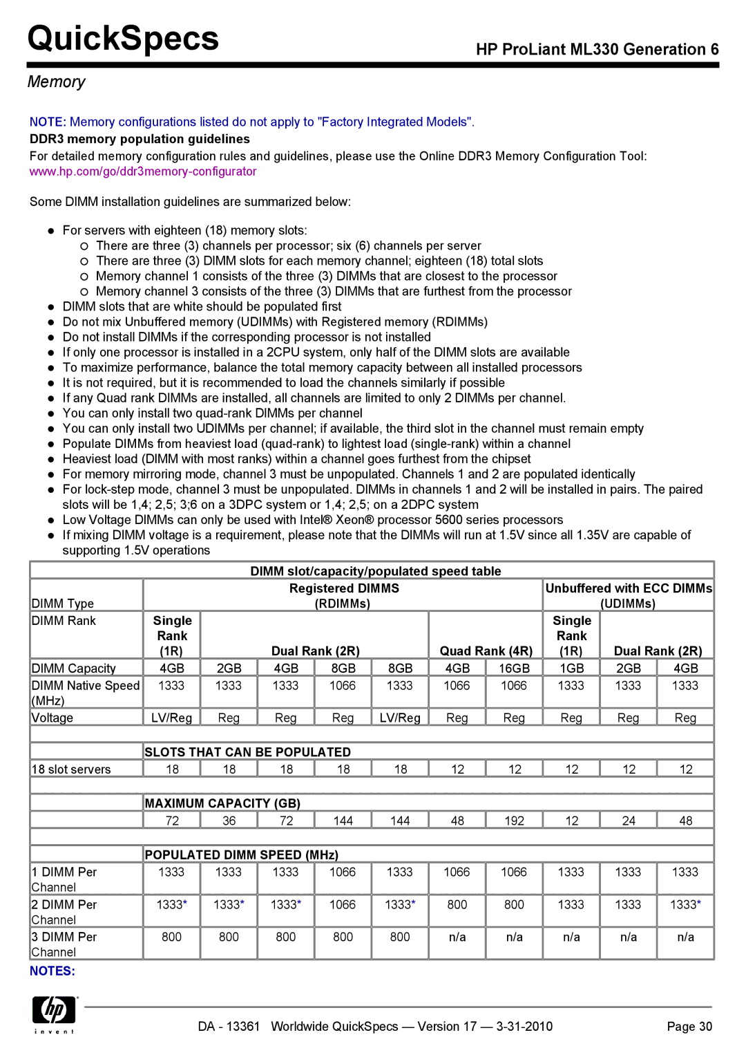 HP ML330 manual Memory, DDR3 memory population guidelines, RDIMMs UDIMMs, Single Rank Dual Rank 2R Quad Rank 4R 